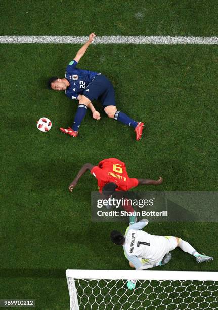 Maya Yoshida of Japan challenge for the ball with Romelu Lukaku of Belgium during the 2018 FIFA World Cup Russia Round of 16 match between Belgium...