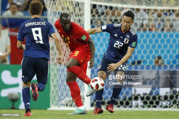 Romelu Lukaku of Belgium, Maya Yoshida of Japan during the 2018 FIFA World Cup Russia round of 16 match between Belgium and Japan at the Rostov Arena...