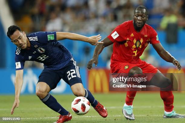 Maya Yoshida of Japan, Romelu Lukaku of Belgium during the 2018 FIFA World Cup Russia round of 16 match between Belgium and Japan at the Rostov Arena...