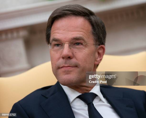 Netherlands Prime Minster Mark Rutte meets with U.S. President Donald Trump in the OVal Office of The White House on July 2, 2018 in Washington, DC.