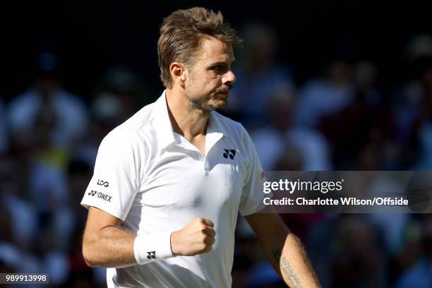 Stan Wawrinka v Grigor Dimitrov - Stan Wawrinka celebrates a point at All England Lawn Tennis and Croquet Club on July 2, 2018 in London, England.