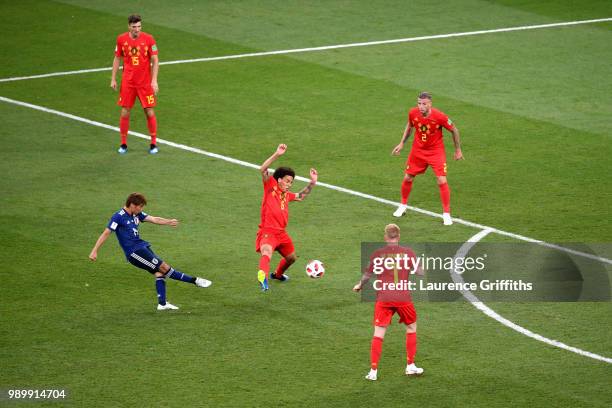 Takashi Inui of Japan scores his team's second goal during the 2018 FIFA World Cup Russia Round of 16 match between Belgium and Japan at Rostov Arena...