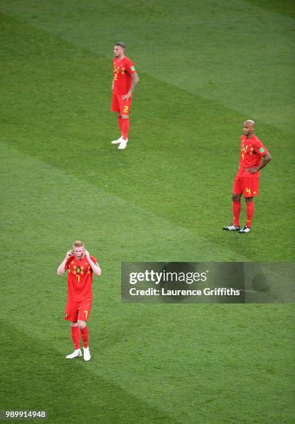 Kevin De Bruyne, Vincent Kompany and Toby Alderweireld of Belgium show their dejection folowing Japan's second goal the 2018 FIFA World Cup Russia...