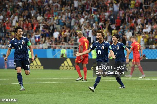 Takashi Inui of Japan celebrates after scoring his team's second goal during the 2018 FIFA World Cup Russia Round of 16 match between Belgium and...