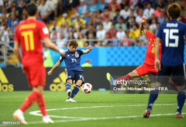 Takashi Inui of Japan scores his team's second goal during the 2018 FIFA World Cup Russia Round of 16 match between Belgium and Japan at Rostov Arena...