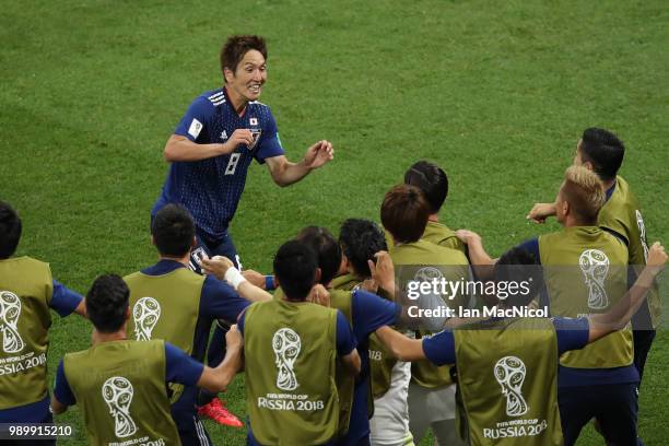 Genki Haraguchi of Japan celebrates scoring his team's opening goal during the 2018 FIFA World Cup Russia Round of 16 match between Belgium and Japan...