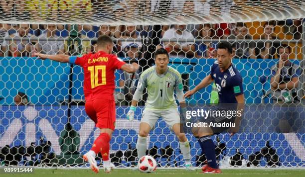 Eiji Kawashima of Japan in action against Eden Hazard of Belgium during the 2018 FIFA World Cup Russia Round of 16 match between Belgium and Japan at...