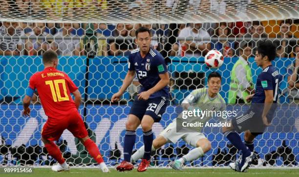 Maya Yoshida of Japan in action against Eden Hazard of Belgium during the 2018 FIFA World Cup Russia Round of 16 match between Belgium and Japan at...