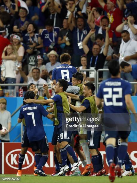 Gaku Shibasaki of Japan, Ryota Oshima of Japan, Genki Haraguchi of Japan during the 2018 FIFA World Cup Russia round of 16 match between Belgium and...
