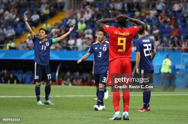 Romelu Lukaku of Belgium stands dejected after missing a chance on goal during the 2018 FIFA World Cup Russia Round of 16 match between Belgium and...