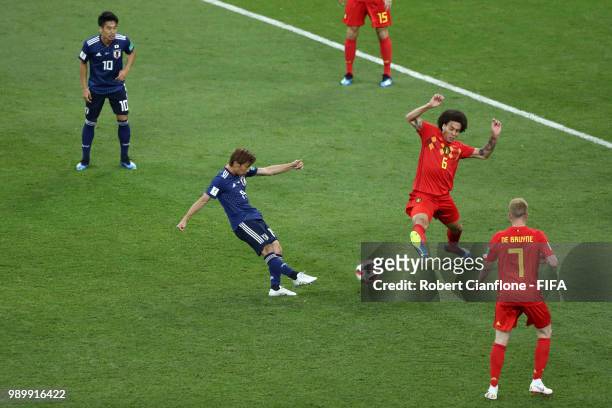 Takashi Inui of Japan scores his team's second goal during the 2018 FIFA World Cup Russia Round of 16 match between Belgium and Japan at Rostov Arena...