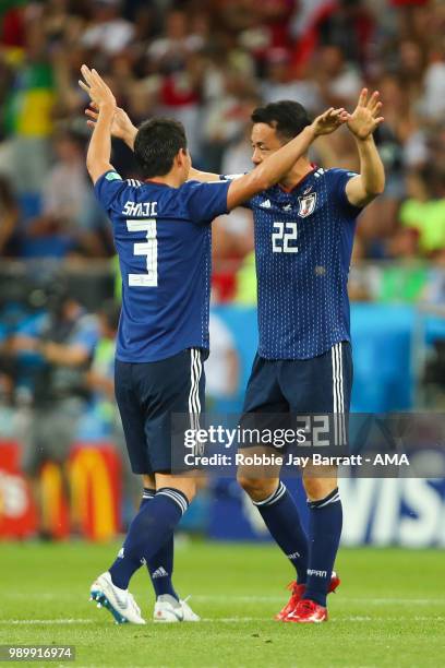 Gen Shoji of Japan and Maya Yoshida of Japan celebrate after Takashi Inui of Japan scored a goal to make it 0-2 during the 2018 FIFA World Cup Russia...