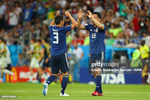 Gen Shoji of Japan and Maya Yoshida of Japan celebrate after Takashi Inui of Japan scored a goal to make it 0-2 during the 2018 FIFA World Cup Russia...