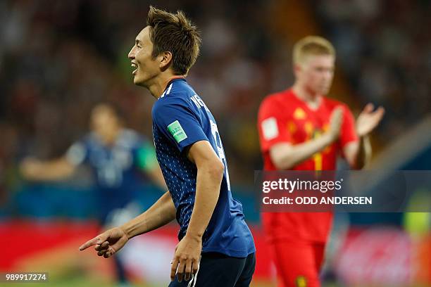 Japan's forward Genki Haraguchi celebrates after scoring during the Russia 2018 World Cup round of 16 football match between Belgium and Japan at the...