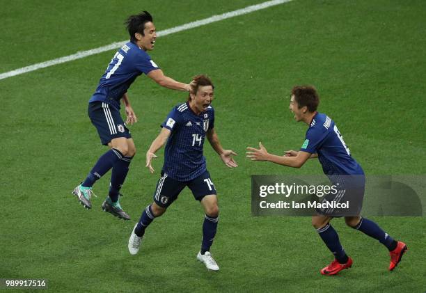 Takashi Inui of Japan celebrates after scores his sides second goal during the 2018 FIFA World Cup Russia Round of 16 match between Belgium and Japan...