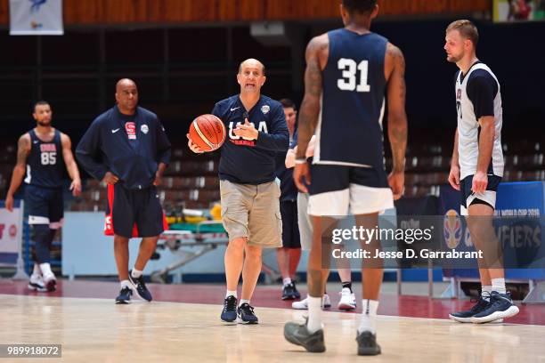 Head coach of Team USA, Jeff Van Gundy coaches his team during the FIBA Basketball World Cup 2019 Americas practice on June 30, 2018 at Havana, Cuba....