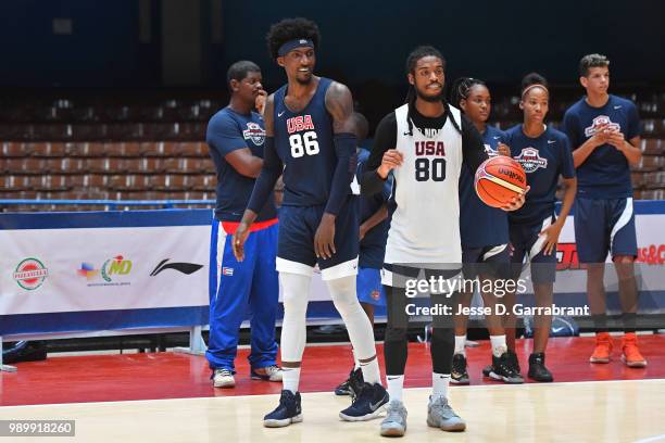 Rashawn Thomas and Marcus Thornton of Team USA participate in a kids clinic as part of the FIBA Basketball World Cup 2019 Americas on June 30, 2018...