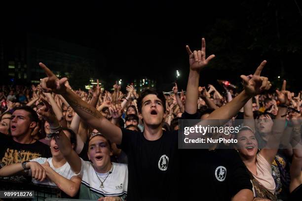 Music group La Maravillosa Orquesta Del Alcohol during concert in Burgos, Spain on July 01, 2018.