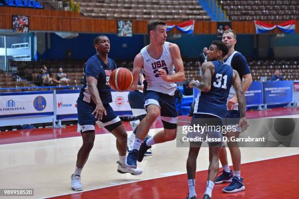 David Stockton of Team USA drives to the basket and passes the ball during the FIBA Basketball World Cup 2019 Americas practice on June 30, 2018 at...