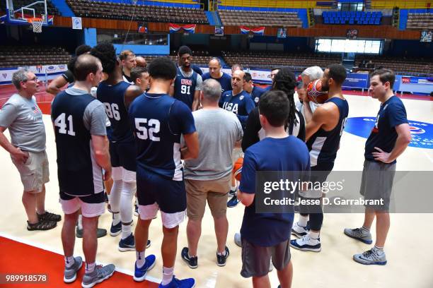 Head coach of Team USA, Jeff Van Gundy huddles his team up during the FIBA Basketball World Cup 2019 Americas practice on June 30, 2018 at Havana,...