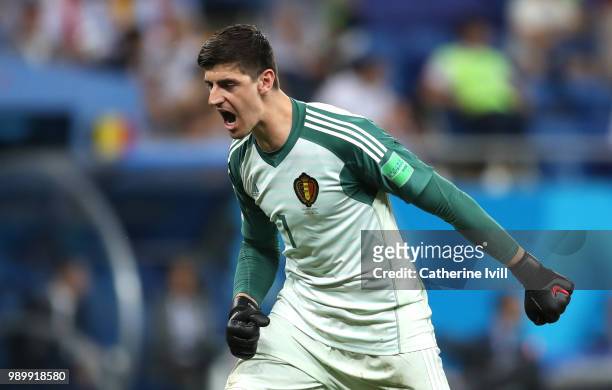 Thibaut Courtois of Belgium celebrates his sides opening goal to bring the score back to 2-1 during the 2018 FIFA World Cup Russia Round of 16 match...