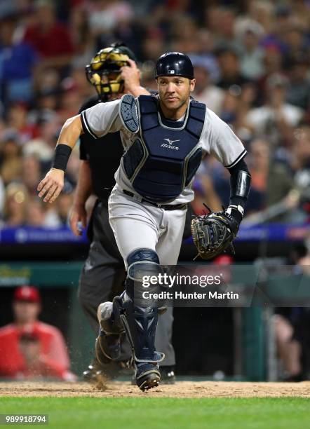 Austin Romine of the New York Yankees plays catcher during a game against the Philadelphia Phillies at Citizens Bank Park on June 25, 2018 in...