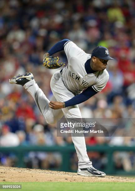 Aroldis Chapman of the New York Yankees throws a pitch during a game against the Philadelphia Phillies at Citizens Bank Park on June 25, 2018 in...