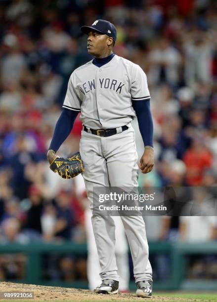 Aroldis Chapman of the New York Yankees during a game against the Philadelphia Phillies at Citizens Bank Park on June 25, 2018 in Philadelphia,...