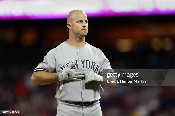 Brett Gardner of the New York Yankees during a game against the Philadelphia Phillies at Citizens Bank Park on June 25, 2018 in Philadelphia,...