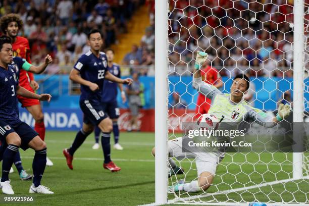 Goalkeeper Eiji Kawashima of Japan is beaten by a header from Jan Vertonghen of Belgium for Belgium's opening goal during the 2018 FIFA World Cup...