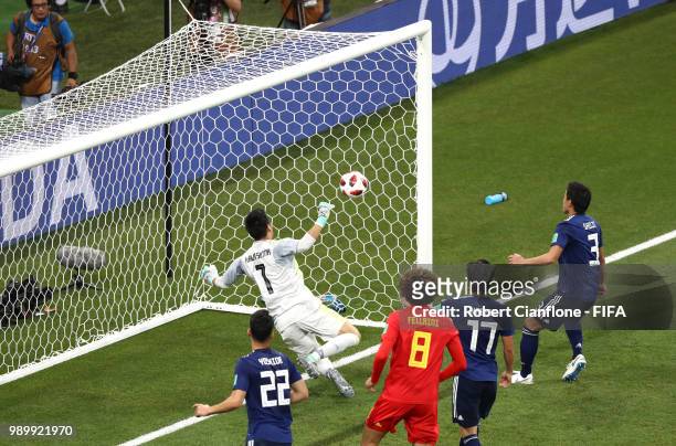 Goalkeeper Eiji Kawashima of Japan is beaten by a header from Jan Vertonghen of Belgium for Belgium's opening goal during the 2018 FIFA World Cup...