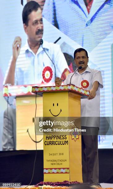 Chief Minister of Delhi Arvind Kejriwal addresses teachers after the inauguration of Happiness Curriculum of the Delhi government at Thyagraj Sports...