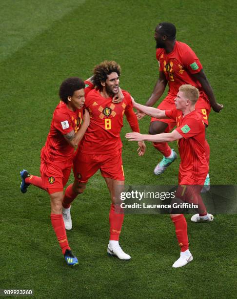 Marouane Fellaini of Belgium celebrates with team mates after scoring his team's second goal during the 2018 FIFA World Cup Russia Round of 16 match...