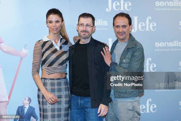 Juana Acosta, Sergio Barrejon and Luis Callejo attends the 'Jefe' photocall at 'Palacio de la Prensa' on July 2, 2018 in Madrid, Spain.