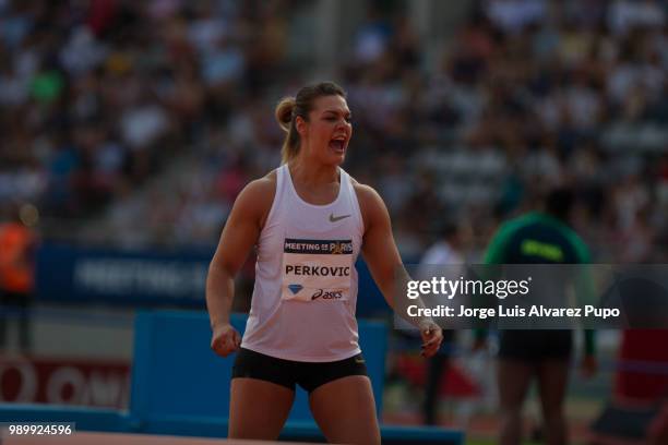 Sandra Perkovic of Croatia competes in the Discus Throw Women of the IAAF Diamond League Meeting de Paris 2018 at the Stade Charlety on June 30, 2018...