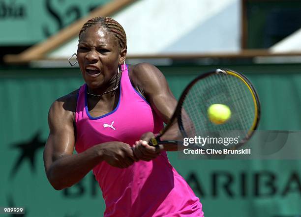 Serena Williams of the USA returns in her second round match against Katarina Srebotnik of Slovakia during the French Open Tennis at Roland Garros,...