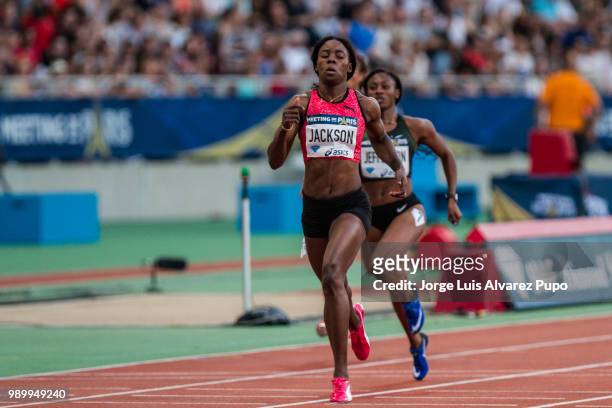 Shericka Jackson of Jamaica competes in the 200m Women of the IAAF Diamond League Meeting de Paris 2018 at the Stade Charlety on June 30, 2018 in...