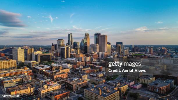 minneapolis - sunset cityscape during summer - minneapolis drone stock pictures, royalty-free photos & images