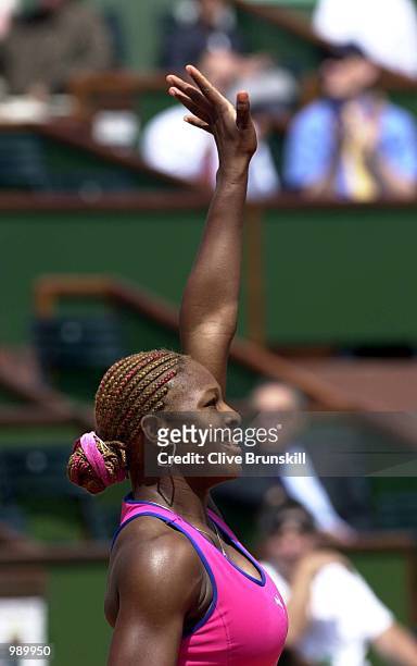 Serena Williams of the USA celebrates after winning her second round match against Katarina Srebotnik of Slovakia during the French Open Tennis at...
