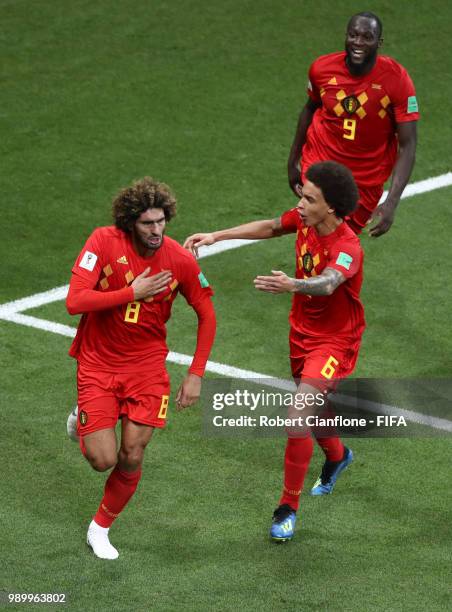 Marouane Fellaini of Belgium celebrates with team mate Axel Witsel after scoring his team's second goal during the 2018 FIFA World Cup Russia Round...