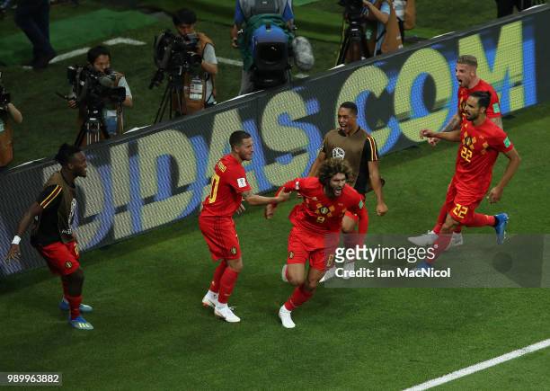 Marouane Fellaini of Belgium celebrates after he scores his sides second goal during the 2018 FIFA World Cup Russia Round of 16 match between Belgium...