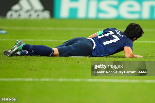 Makoto Hasebe of Japan reacts after Marouane Fellaini of Belgium scored a goal to make it 2-2 during the 2018 FIFA World Cup Russia Round of 16 match...