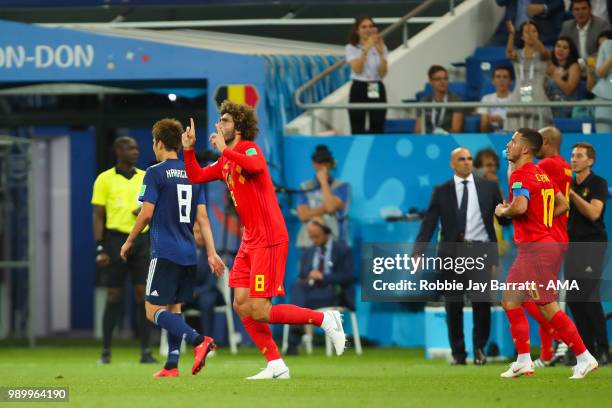 Marouane Fellaini of Belgium celebrates scoring a goal to make it 2-2 during the 2018 FIFA World Cup Russia Round of 16 match between Belgium and...