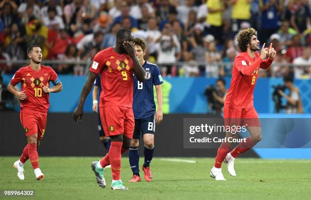 Marouane Fellaini of Belgium celebrates after scoring his team's second goal during the 2018 FIFA World Cup Russia Round of 16 match between Belgium...