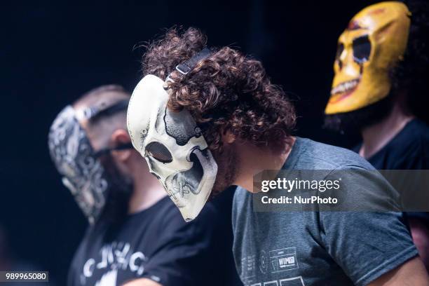 Djs Grotesque Club performs during concert in Burgos, Spain onJuly 01, 2018.