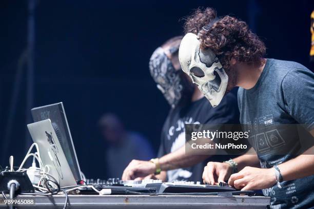 Djs Grotesque Club performs during concert in Burgos, Spain onJuly 01, 2018.