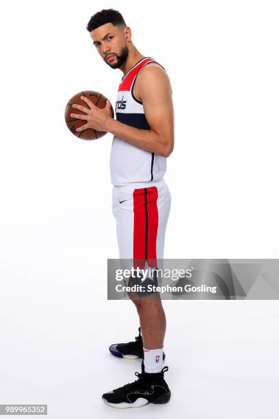 Austin Rivers of the Washington Wizards poses for a portrait after being introduced during a press conference at Capital One Arena in Washington, DC...