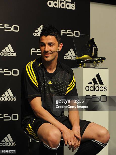 David Villa hold a press conference at the launch of the adidas F50 adiZero football boot on May 11, 2010 at the Circuit de Catalunya in Barcelona,...