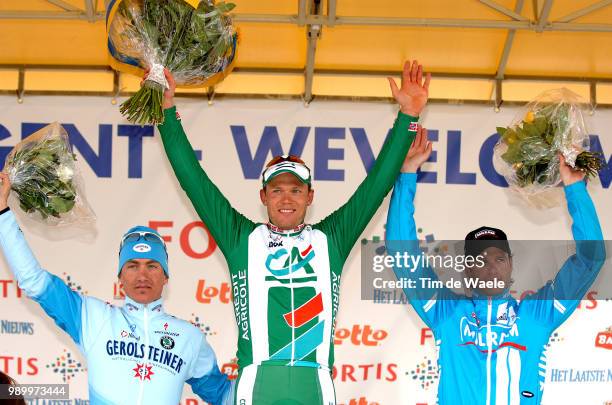 Gent - Wevelgem, Pro Tourpodium, Kopp David , Hushovd Thor Celebration Joie Vreugde, Petacchi Alessandro Deinze - Wevelgem 200 Kmuci Pro Tour