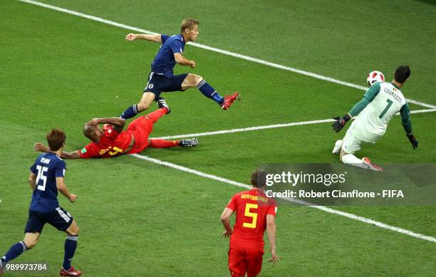 Vincent Kompany of Belgium shoots during the 2018 FIFA World Cup Russia Round of 16 match between Belgium and Japan at Rostov Arena on July 2, 2018...